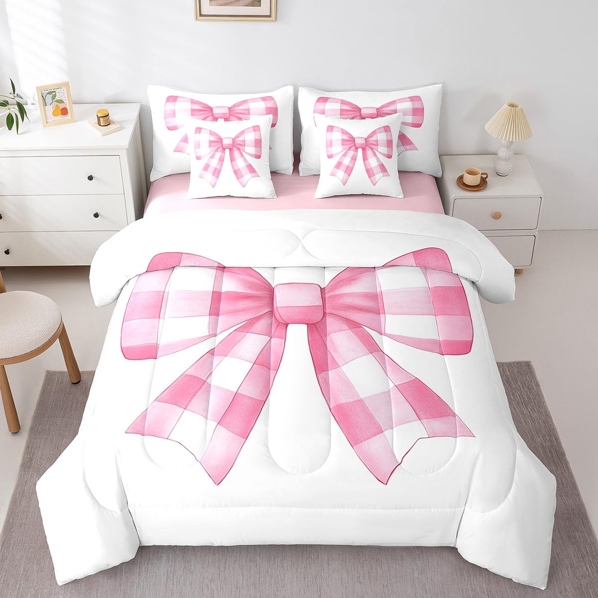 Erosebridal Pink Plaid Bow Full Comforter Set 7 Piece Cute Kawaii Princess Bedding Set Dreamy Aesthetic Bowknot Bed in A Bag for Kids Girls Teen Women,Romantic Coquette Sheet Set with Comforter