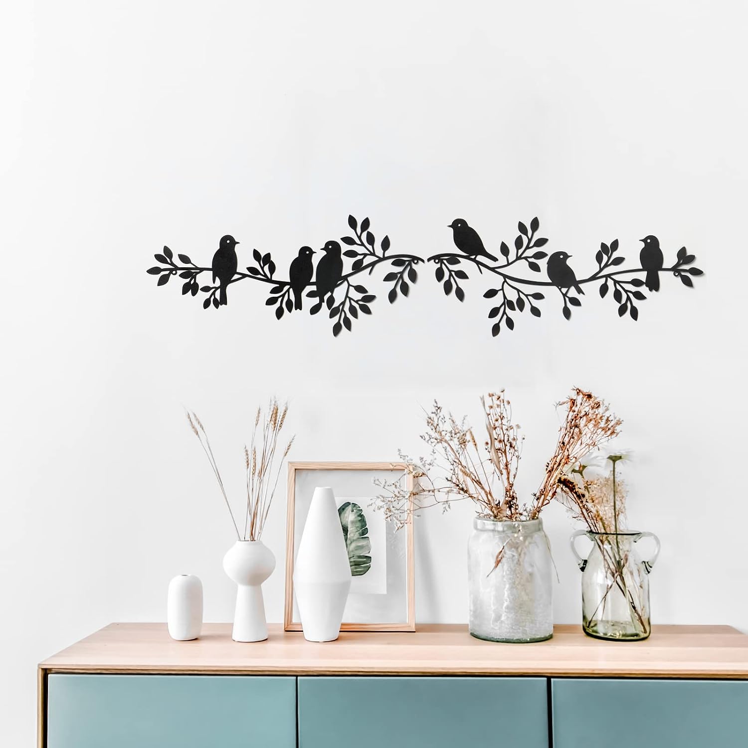 Metal Bird Wall Decor Art Leaves 6 Birds on Vine Olive Branch Iron Ornament image 2