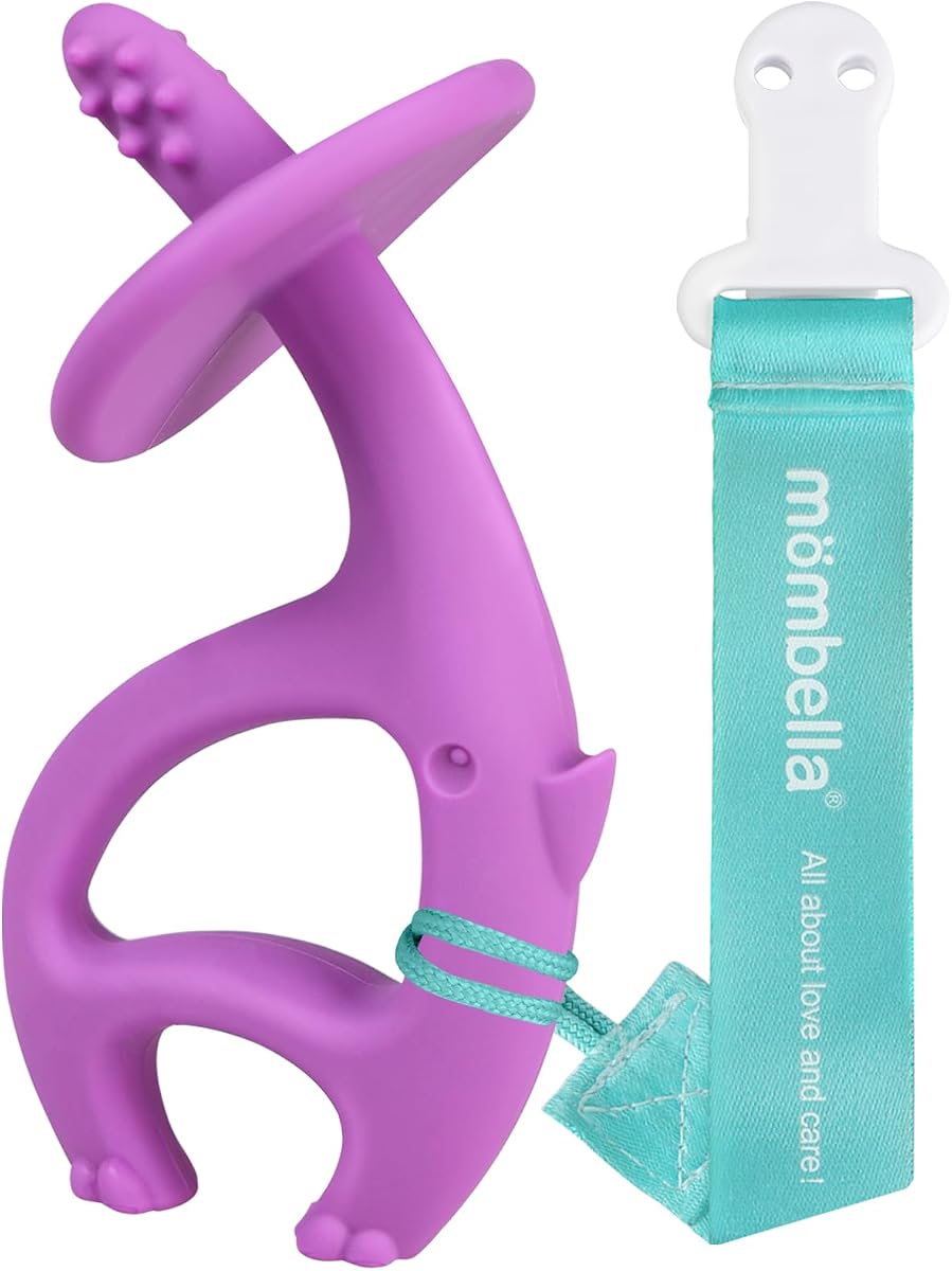 Juguetes para la dentición de bebés de 3, 6 y 12 meses con accesorio para clip, juguetes para morder de silicona suave, mordedores de elefante 2 en 1 y cepillo de dientes de preentrenamiento, juguetes para masticar para bebés de 9 meses, color morado