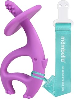 Juguetes para la dentición de bebés de 3, 6 y 12 meses con accesorio para clip, juguetes para morder de silicona suave, mordedores de elefante 2 en 1 y cepillo de dientes de preentrenamiento, juguetes para masticar para bebés de 9 meses, color morado