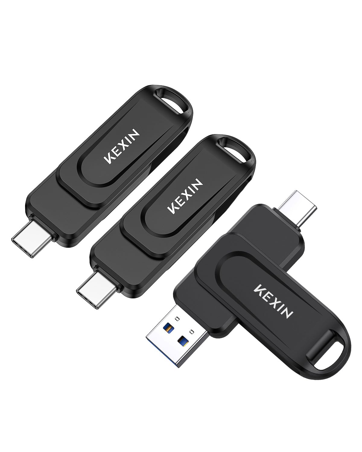 KEXIN Dual 32GB Flash Drive 3 Pack USB-A &amp; Type-C Thumb Drive 3.0 100MB/s Swivel USB Drive 32GB Memory Stick for Smartphone Tablet iPhone 15/16 Car Game Console, Black 3 Pack