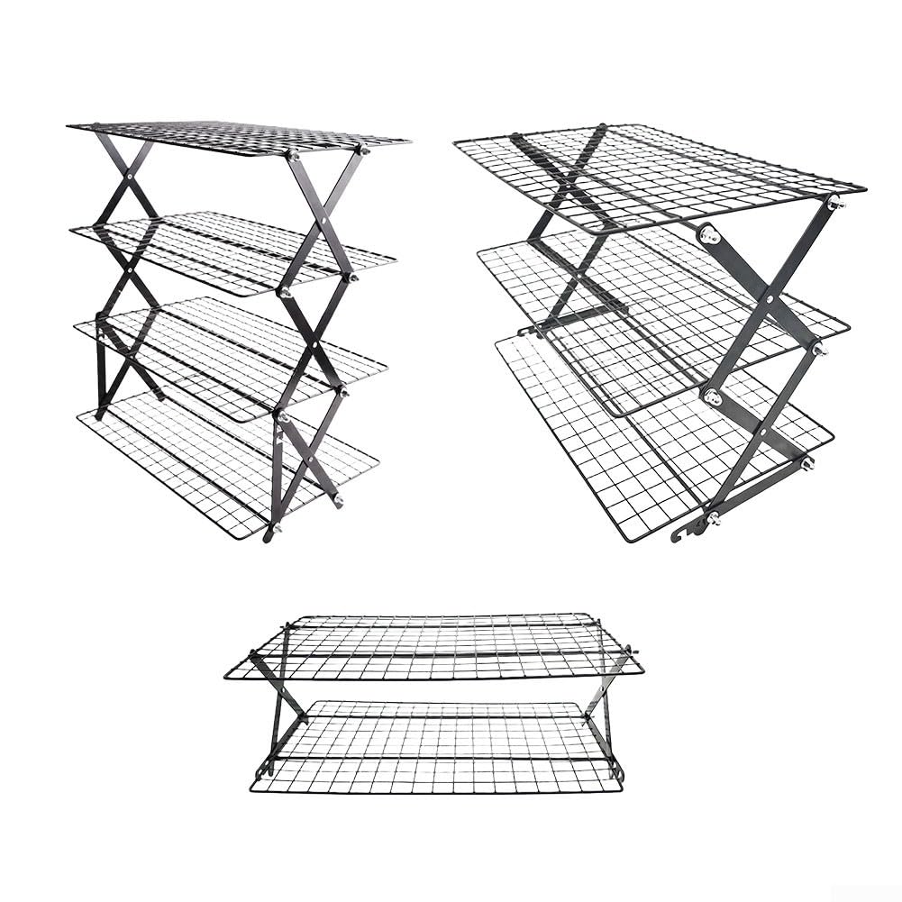Estante de enfriamiento plegable de 2/3/4 niveles ajustable apilable de hierro para hornear galletas, pasteles, magdalenas, pan, diseño de ahorro de espacio (tres capas)