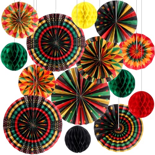 Image of Outus 21 Pcs Juneteenth Decorations Hanging Paper Fans Juneteenth Tissue Paper Poms Red Green Yellow Classroom Garland Ceiling Decor for Kente African American Party Supplies