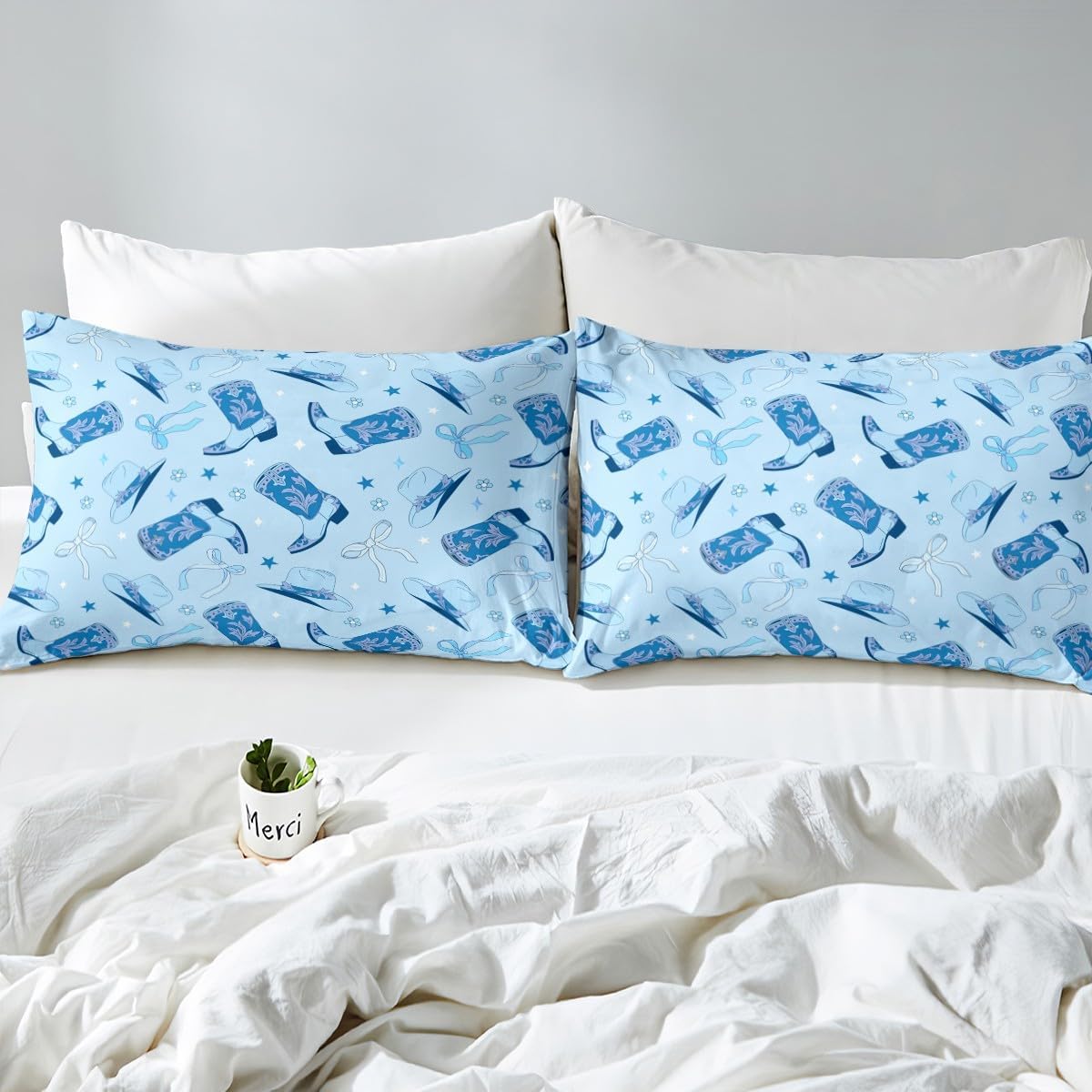 Feelyou Blue Western Decor Fitted Sheet Cowgirl Boots Bed Sheet Set Full Size Teens Bedroom Cute Bowknot Dreamy Princess Style Bedding Set Flower Bed Cover Deep Pocket(No Top Sheet) With 2 Pillow Case