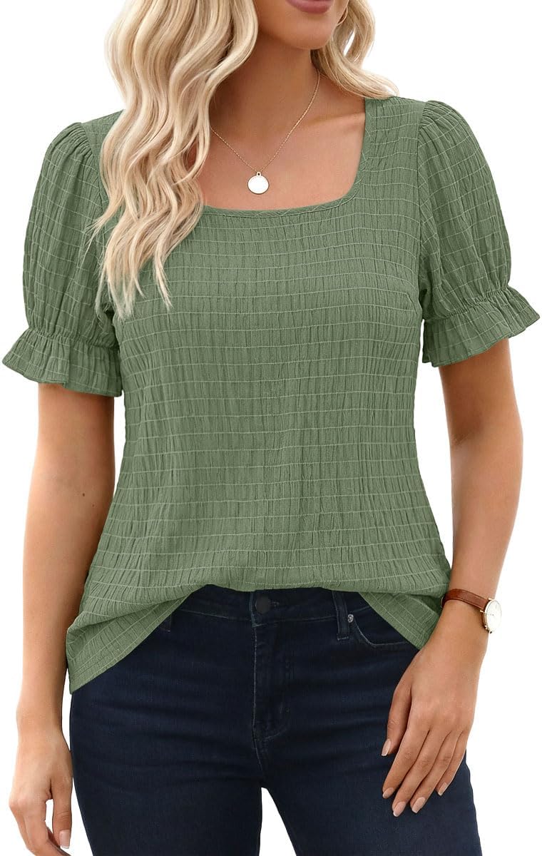 Womens Summer Tops Puff Short Sleeve Cute T Shirts Dressy Casual Square Neck Blouses Clothes