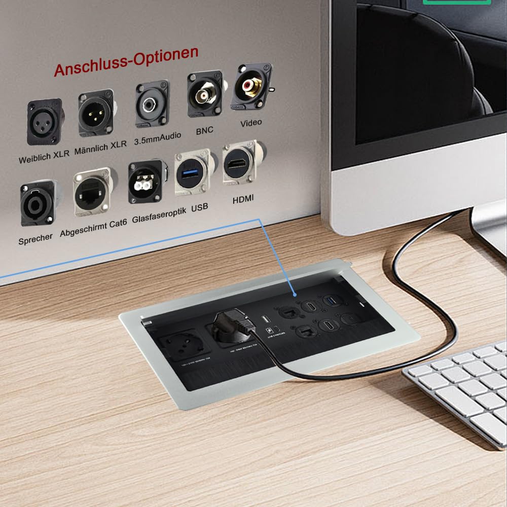 Einbausteckdose versenkbar Konferenzraum Tisch Multimedia Steckdose Silber-2xSchuko-2xCAT6-2xHDMI-1xUSB3.0-Stereo-1xUSB-C Daten (Silver)