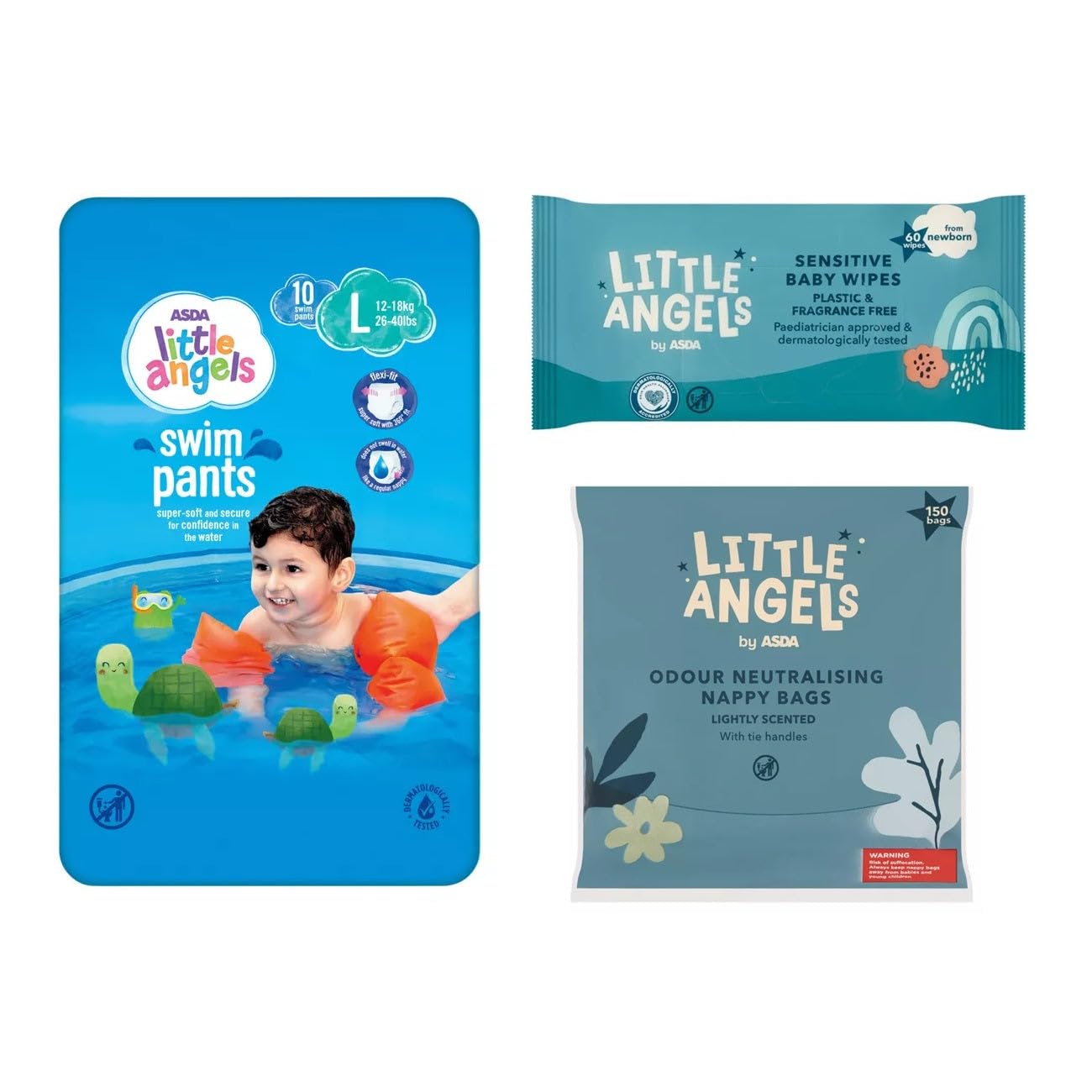 Little Angels Large Swim Pants 10 Pack Bundle with Nappy Bags & Fragrance Free Wipes