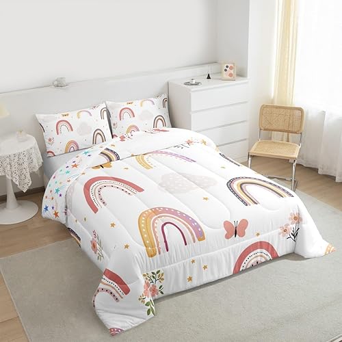 Miniatura 4 de Erosebridal Juego de ropa de cama tamaño individual de arcoíris para niñas, juego de edredón de mariposa de dibujos animados, juego de ropa de cama