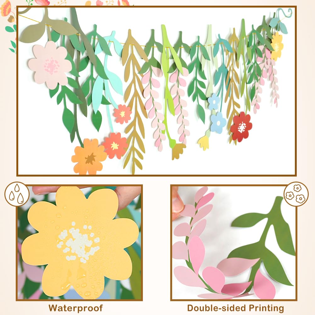 3 Pack Flower Banner, Colorful Floral Leaf Garland, Double-Sided Waterproof Boho Wildflower Party Bunting for Birthday Bridal Shower Garden Tea Party Bridal Shower Bachelorette Backdrop