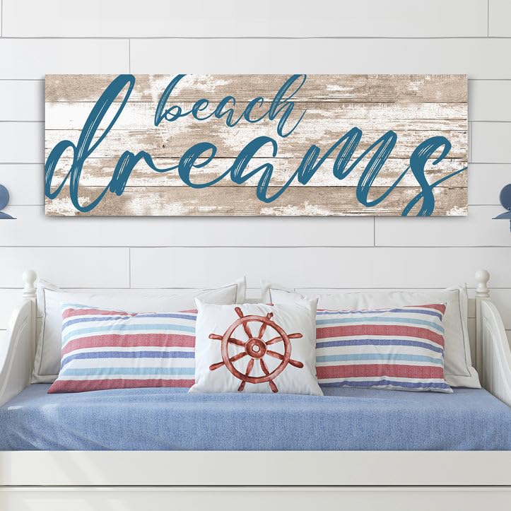NATVVA Beach Dreams Sign Wall Art Print Poster Brown White Wood Grain Painting Canvas Artwork for Beach House Lake House Bedroom Home Wall Decor