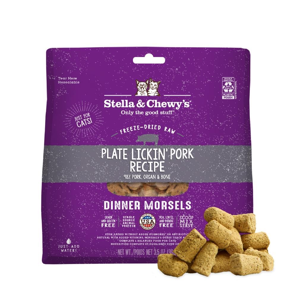 Stella & Chewy's Freeze-Dried Raw Cat Dinner Morsels - Premium Pork Recipe with 98% Responsibly-Sourced Meat & Organs - Natural Grain-Free Cat & Kitten Food - Made in USA - 3.5 oz