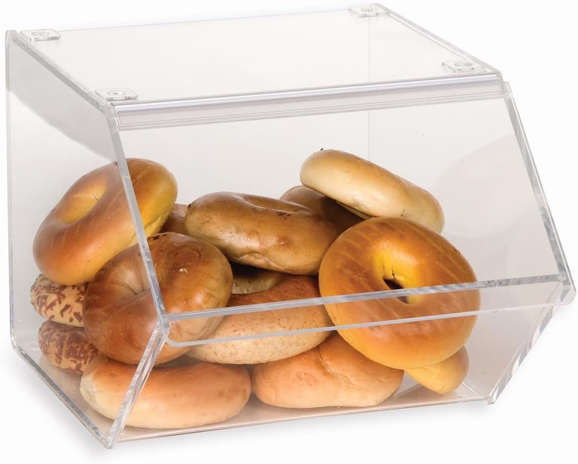 Clear Bakery Display Case for Bagels And Other Baked Goods, 12 x 10-1/8 x 15-3/4 Inch, Stackable With A Hinged, Slanted Door