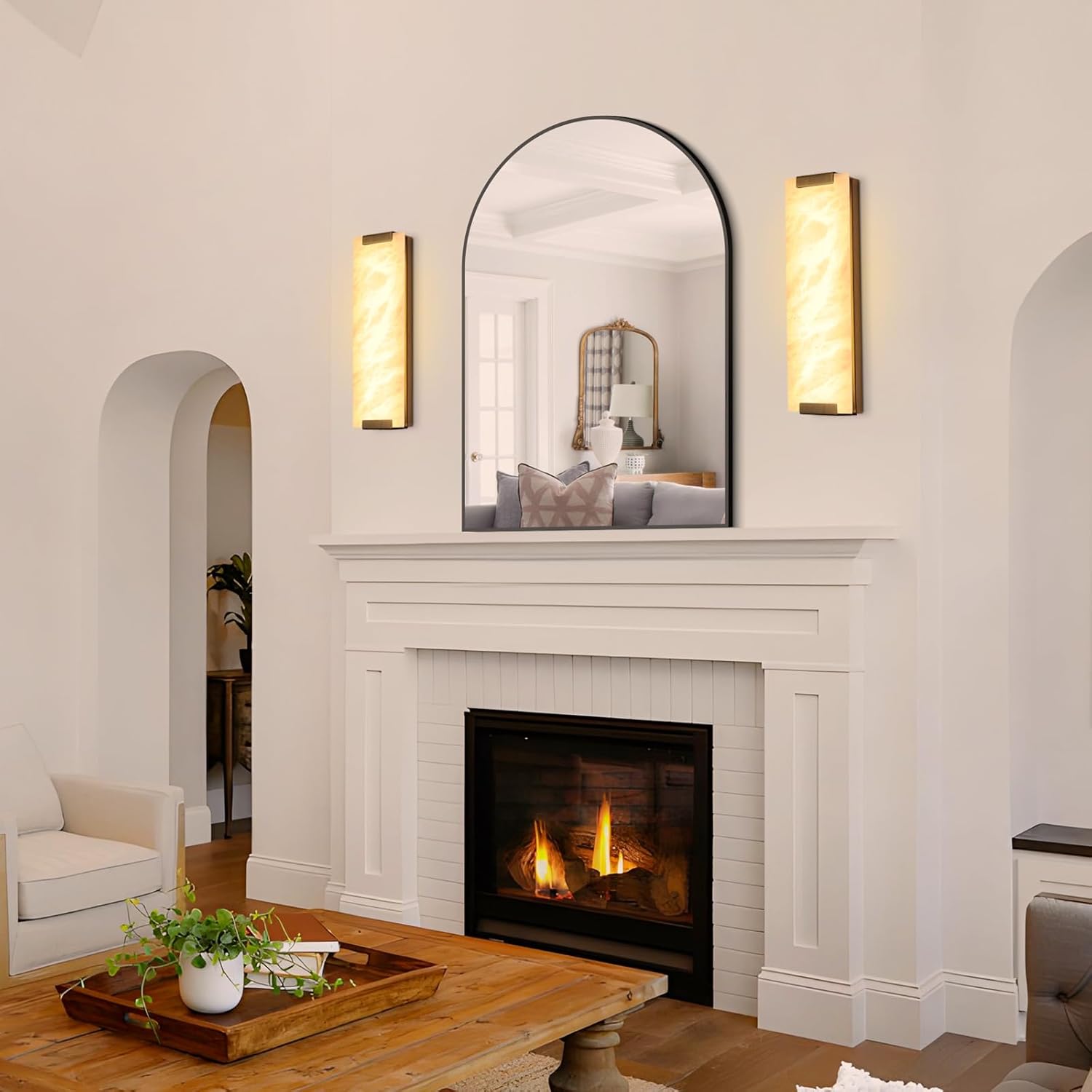 Alabaster Wall Sconces Set of Two, 19.2in Natural Marble Wall Sconces Wall Lighting, Dimmable Wall Light Fixtures for Bedroom Living Room Stairs Vanity Hallway Bedside,Brushed Gold