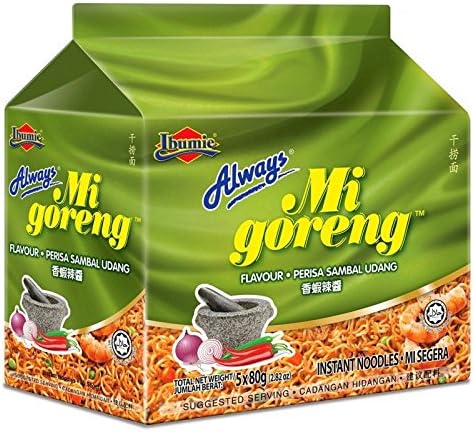 Malaysia Ibumie / Always The Best Selling Instant Noodles / Mi Goreng Sambal Udang Flavor / Prawn In Chili Paste, Spicy Seafood Flavour (10 packets x 80g)