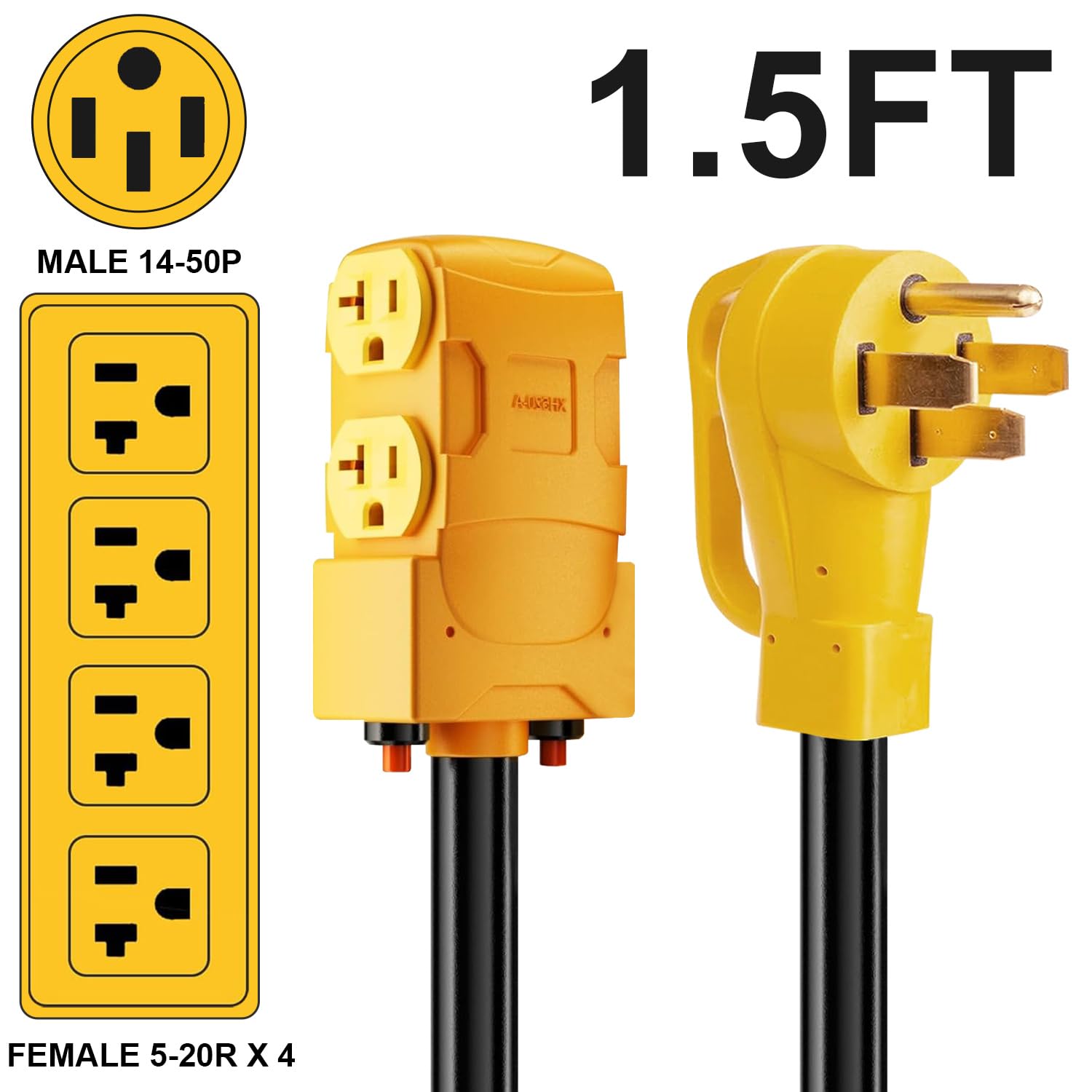 50 Amp to 20 Amp 110V RV Distribution Adapter, 240V to 120V, NEMA 14-50P to 4 X 5-20R/15R RV Generator Adapter, 4-Prong Plug to Mutiple Household Outlet w/ 24amp Circuit Breaker, ETL Listed