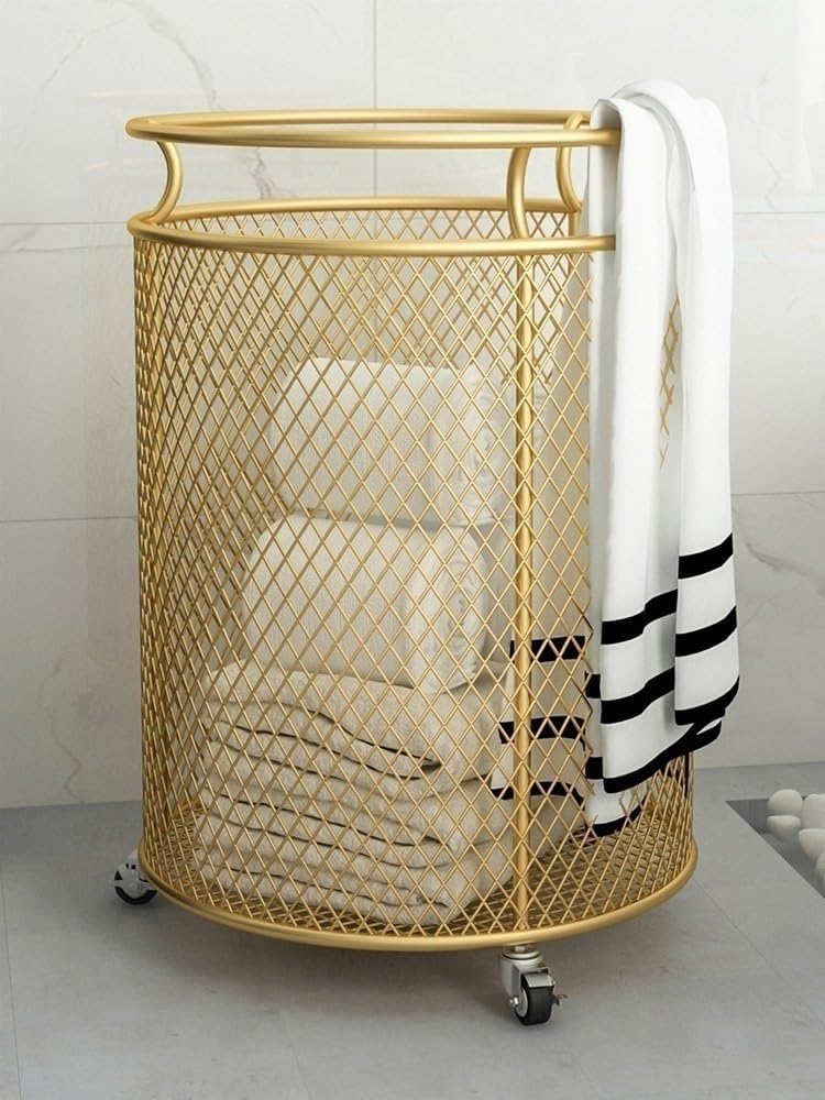 Metal Laundry Hamper with Wheels, Round Mesh Dirty Clothes Hamper, Laundry Basket Storage for Bedroom, Bathroom, Laundry Room or Balcony (Gold)