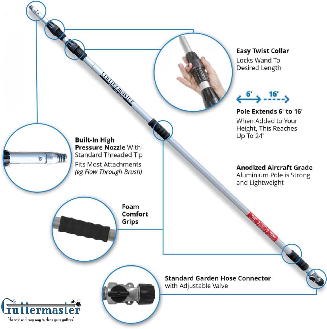 PRO-Straight Water-Fed Telescopic Pole – 16 Feet Extension Wand, Siding, Eavestrough Exterior, Gutter Exterior, Window Washing, Washer Extension for Hard-to-Reach Areas, Outdoor Water Cleaning System