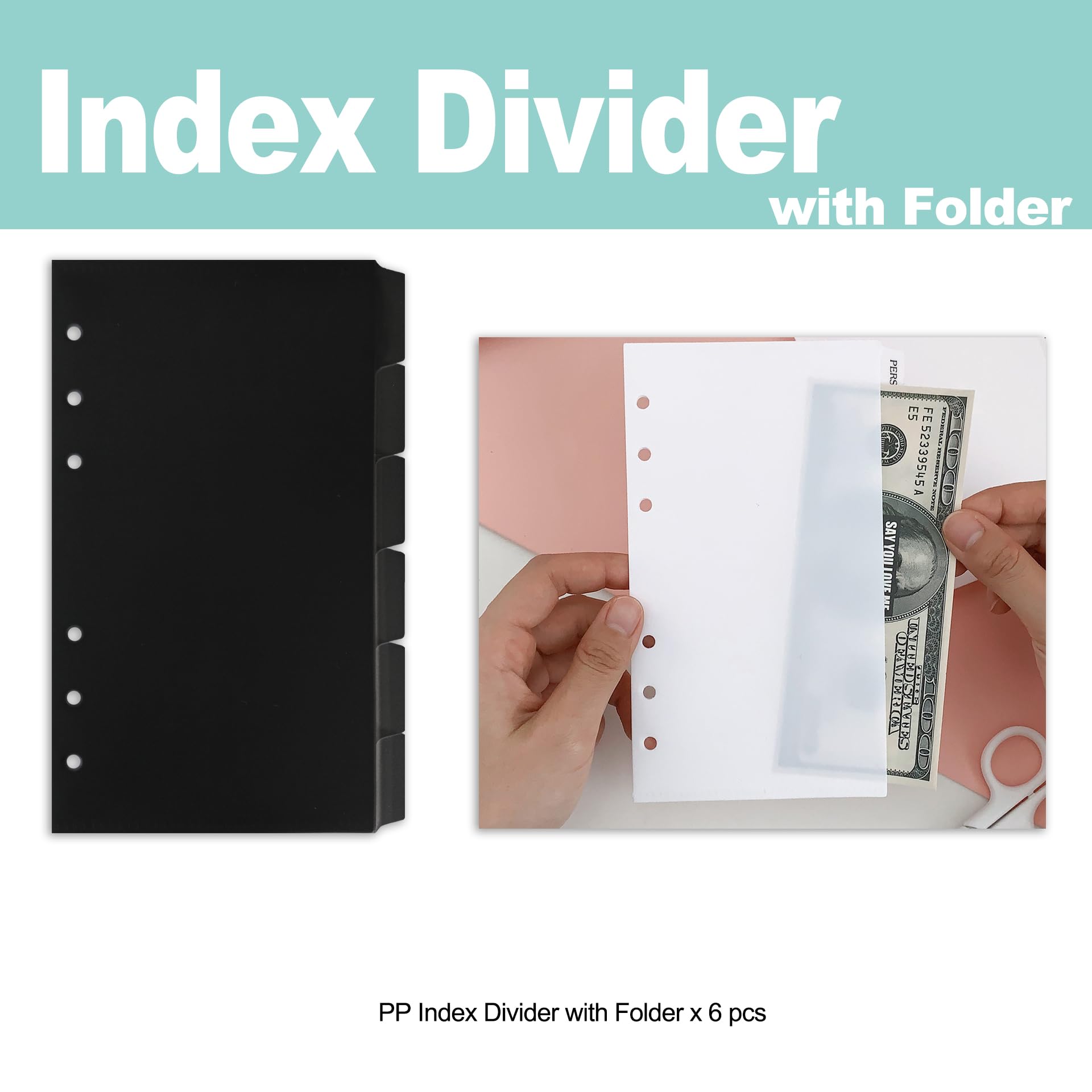 Zelten PP Binder Index Dividers with Folder & 4 Sheets Tab Stickers for Personal Organizer (PP Black 6-Folder Tab, A6/6 Hole) - Image 3