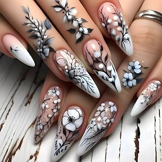 CTTHNBD Press on Nails Long - Flower Fake Nails with Black White Design - Stiletto Full Cover Stick on False Nails for Women 24 Pcs