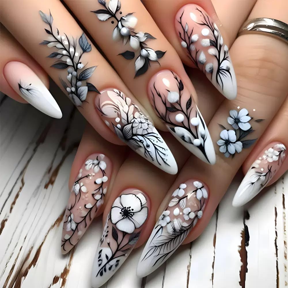 CTTHNBD Press on Nails Long - Flower Fake Nails with Black White Design - Stiletto Full Cover Stick on False Nails for Women 24 Pcs