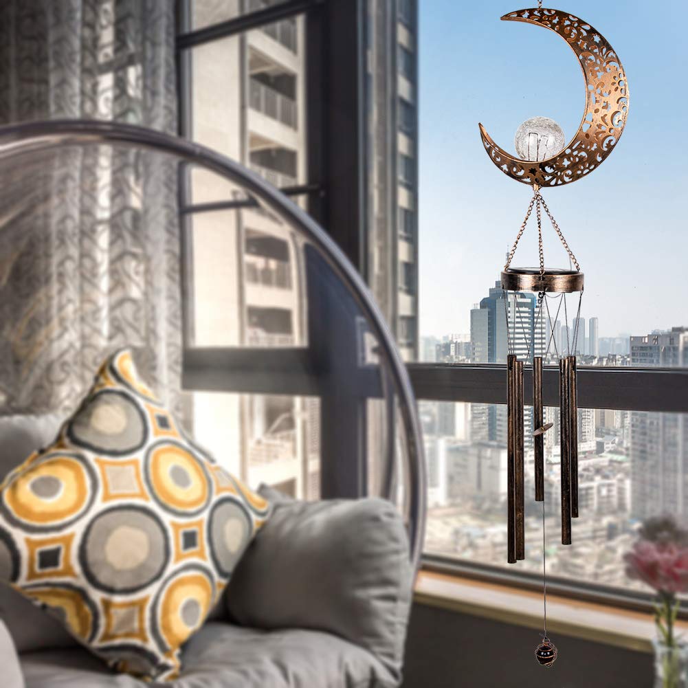 OLIKER Solar Moon Wind Chimes for Outside Unique Crackle Glass Ball with LED Light Windchimes Outdoors Unique Garden Outdoor Decor Gift for Mom Chimes for Outdoors Birthday Gift