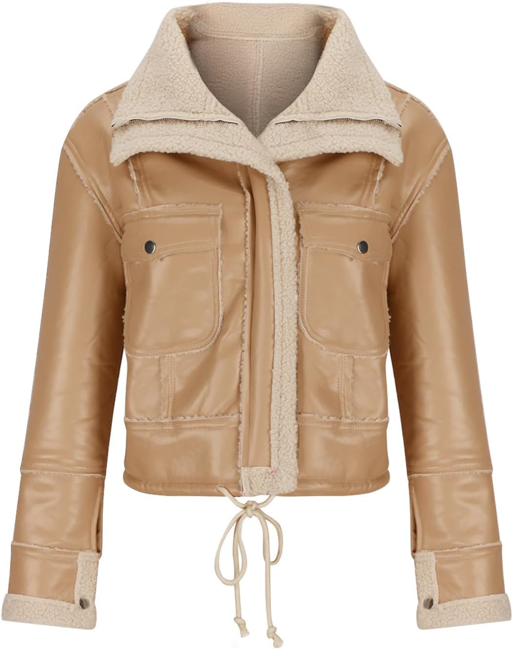 XUNRYAN Womens Faux-Leather Jackets Winter Sherpa Fleece Coat 2023 Fashion Cropped Zip Up Motorcycle Jacket Short Outerwear