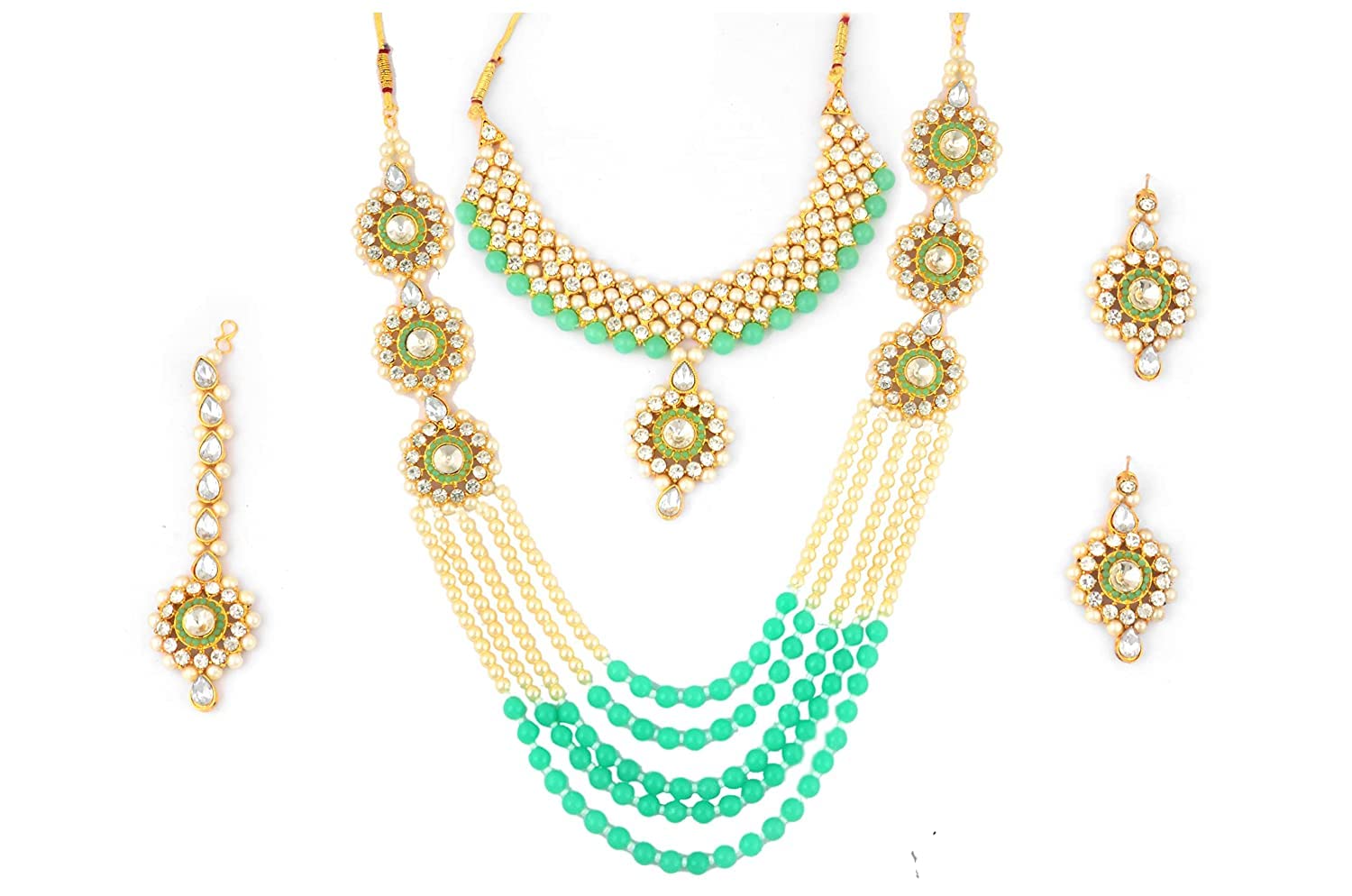 Womens Gold Plated Bridal Long Necklace Set Neck Choker with Earrings and Maang Tikka for Women & Girls (Light Green) (B0B56R13ZR) Amazon Price History, Amazon Price Tracker
