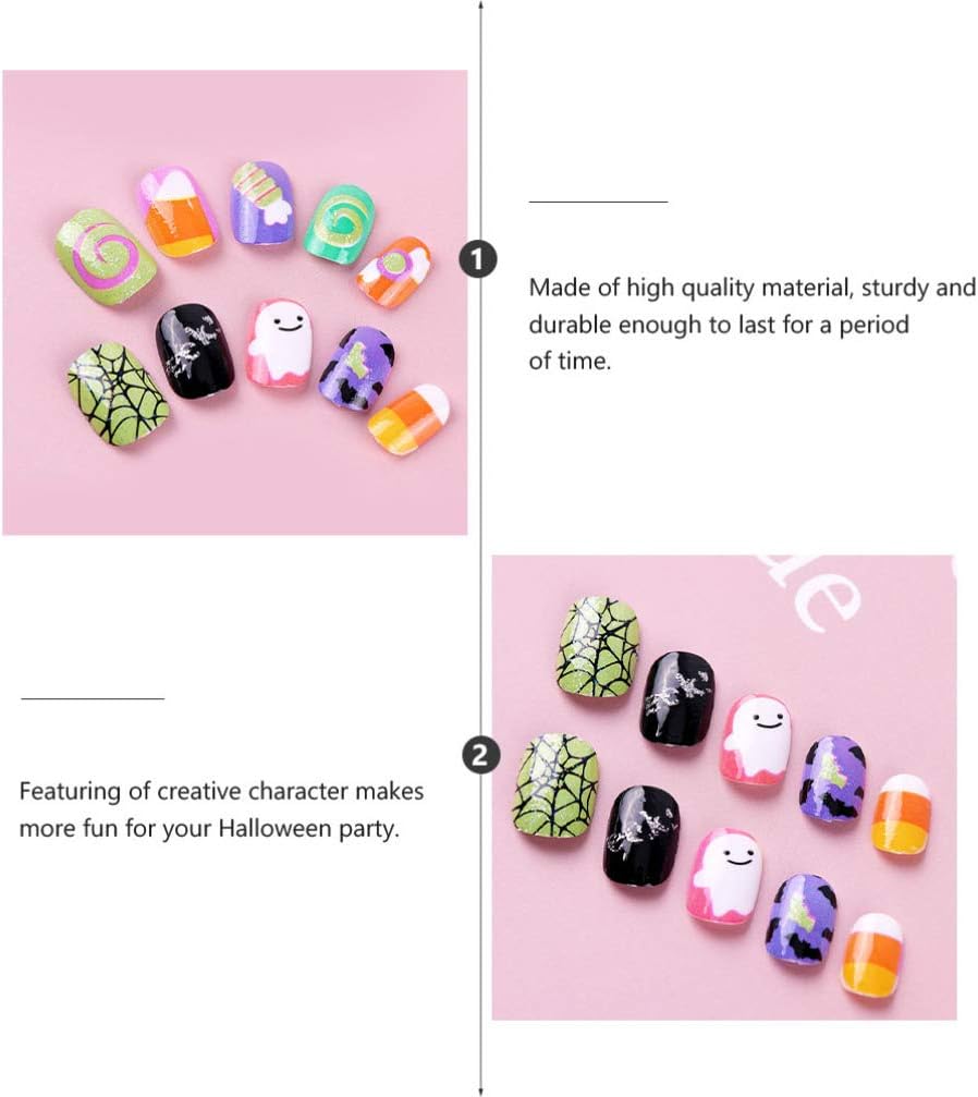 Lurrose Kids Halloween False Nails Artificial Fake Short Fingernails Nail Tips Halloween Gothic Fake Nails Art Salon Diy Decoration for Kids Children 40pcs - Image 5