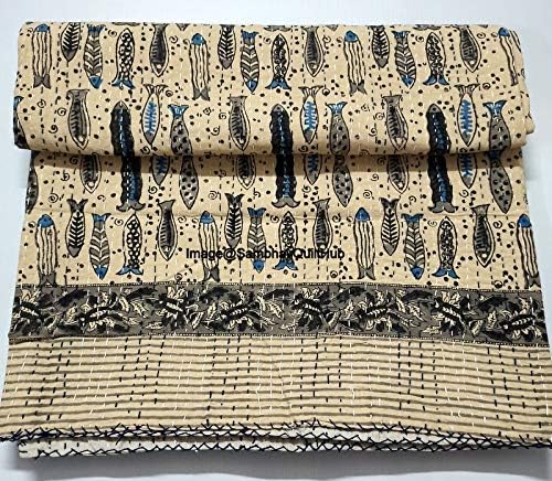 Handblock Handmade Quilted Blanket Indian Cotton Block Print Bedspread Kantha Work Bohemian Bed Decor Throw Blanket King Size 90X108 inch