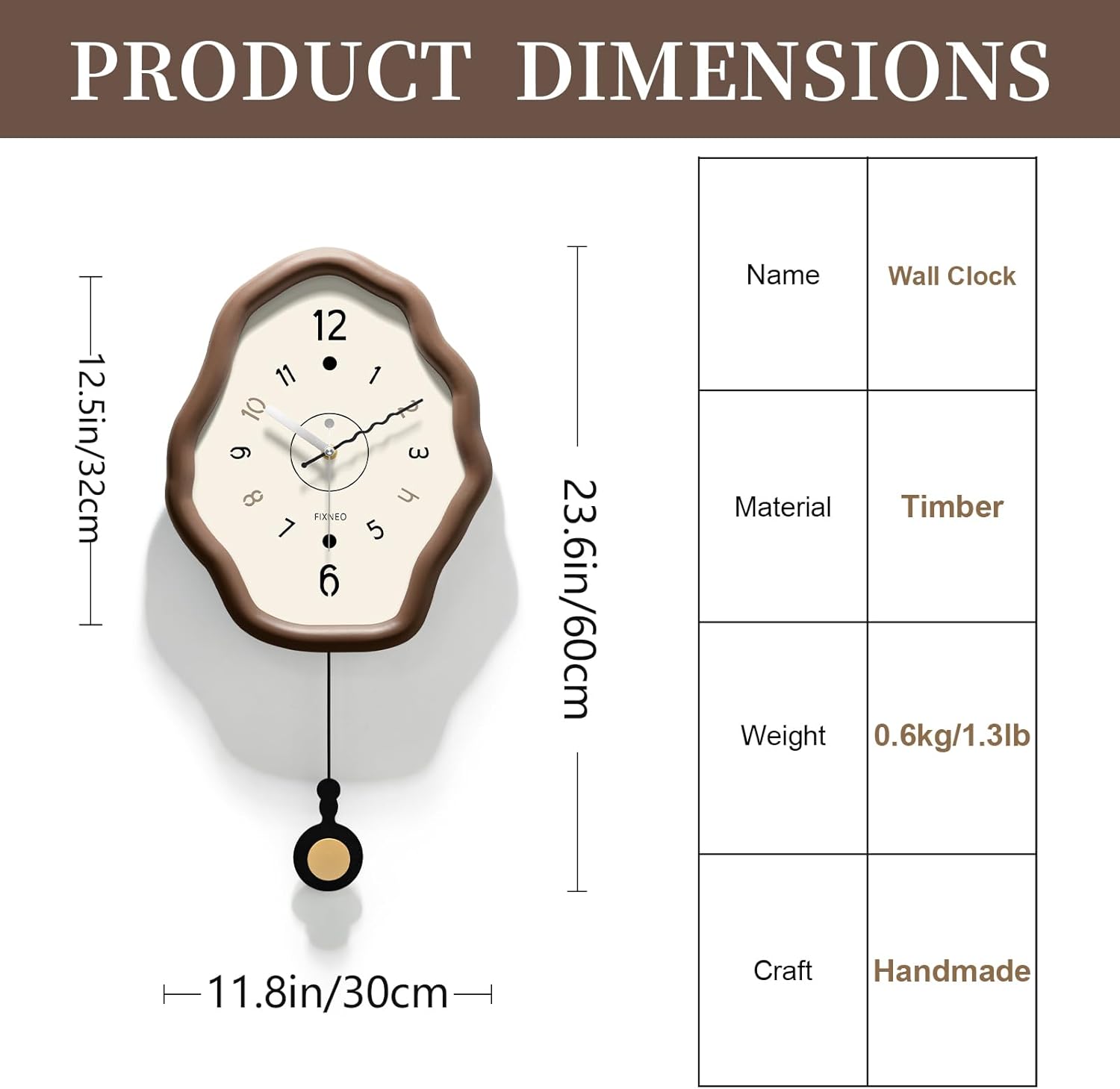 Silent Wall Clock - Large Wood Analog, 11.8"*23.6" Battery Operated Rustic Modern Farmhouse Clock for Bedroom, Living Room, Office Decor Brown