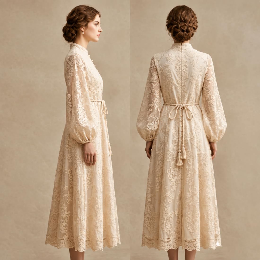 Vestido Largo de Mujer Escote en V Encaje Floral Bordado Vintage Mangas Farol Vestido Largo romántico Boho Mangas abullonadas línea A Fluido Vestido invitada Boda Fiesta