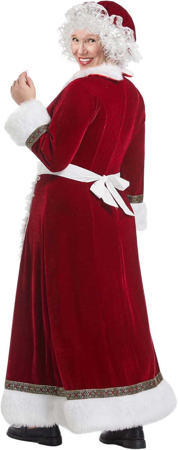 Mrs Claus Costume Adult Women 5PCS Miss Santa Clause Dress Deluxe Velvet Christmas Suit Plus Size Xmas Outfit Set
