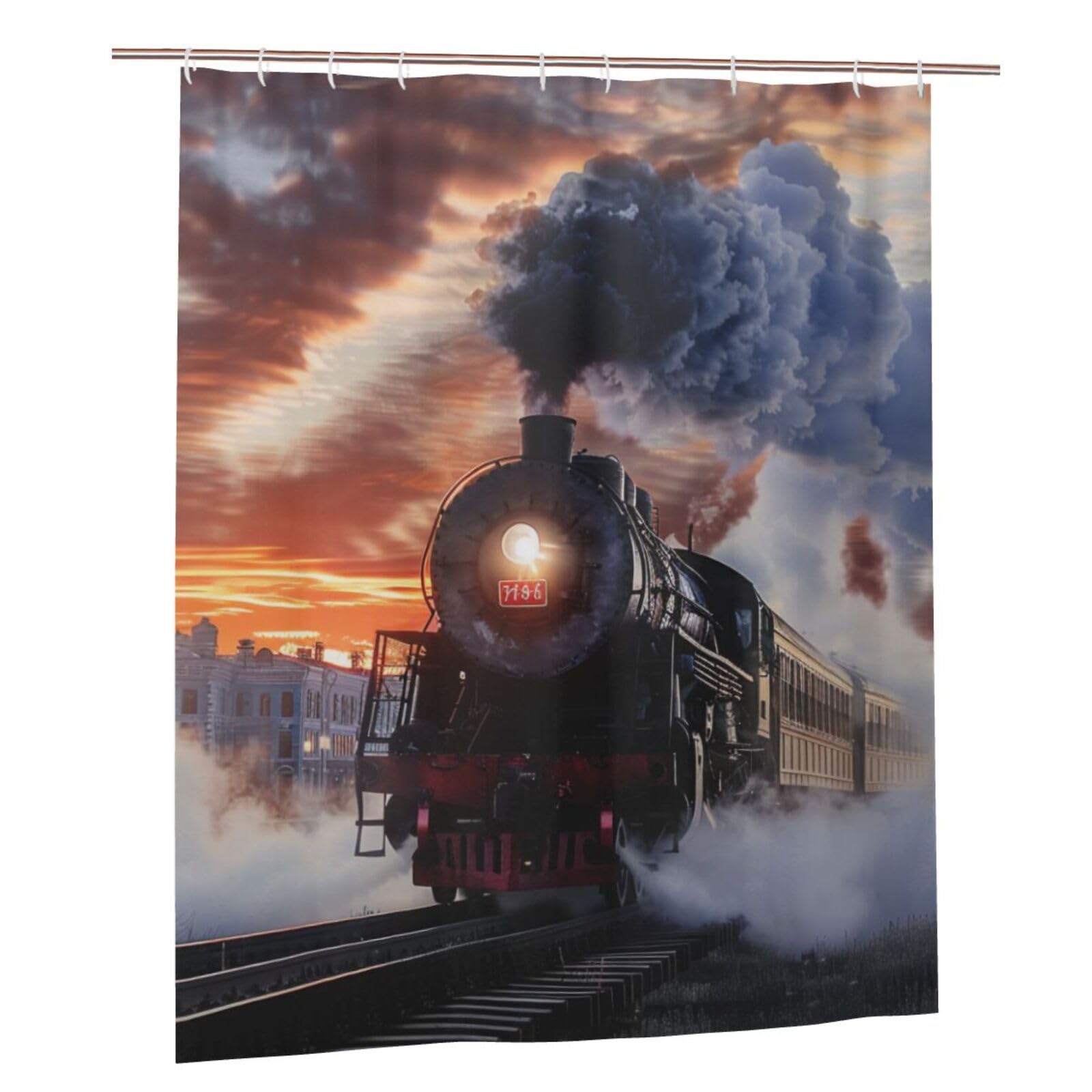 BWWHCCTI Steam Train Depart Sunset Printed Shower Curtain With 12 Plastic Hooks Opaque Quick Drying Waterproof Shower Curtains Sets For Bathroom 152x183 Cm