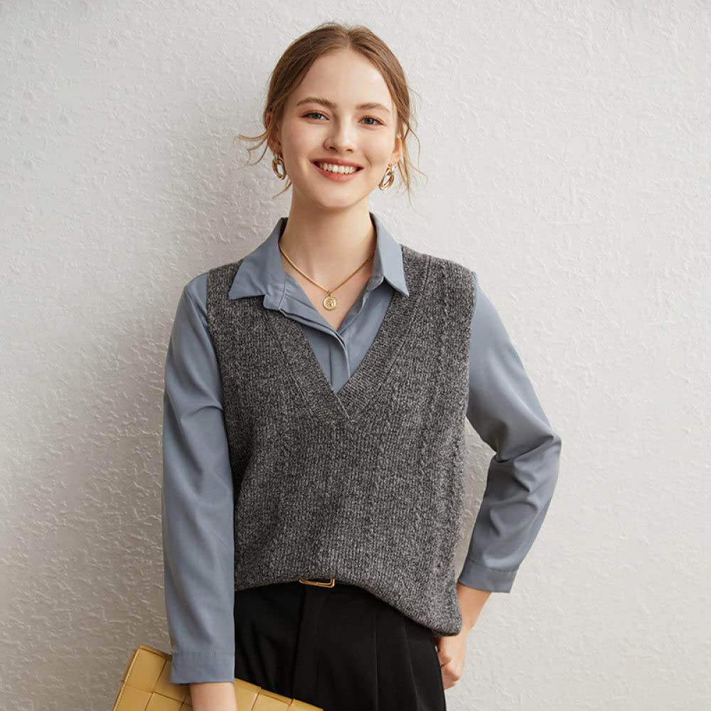 Chaleco Mujer Punto,Chaleco De Suéter con Cuello En V para Mujer Retro Corto Negro Gris A Rayas Jacquard Dobladillo Dividido Irregular Sin Mangas Chalecos De Punto Chaleco De Estilo Prep