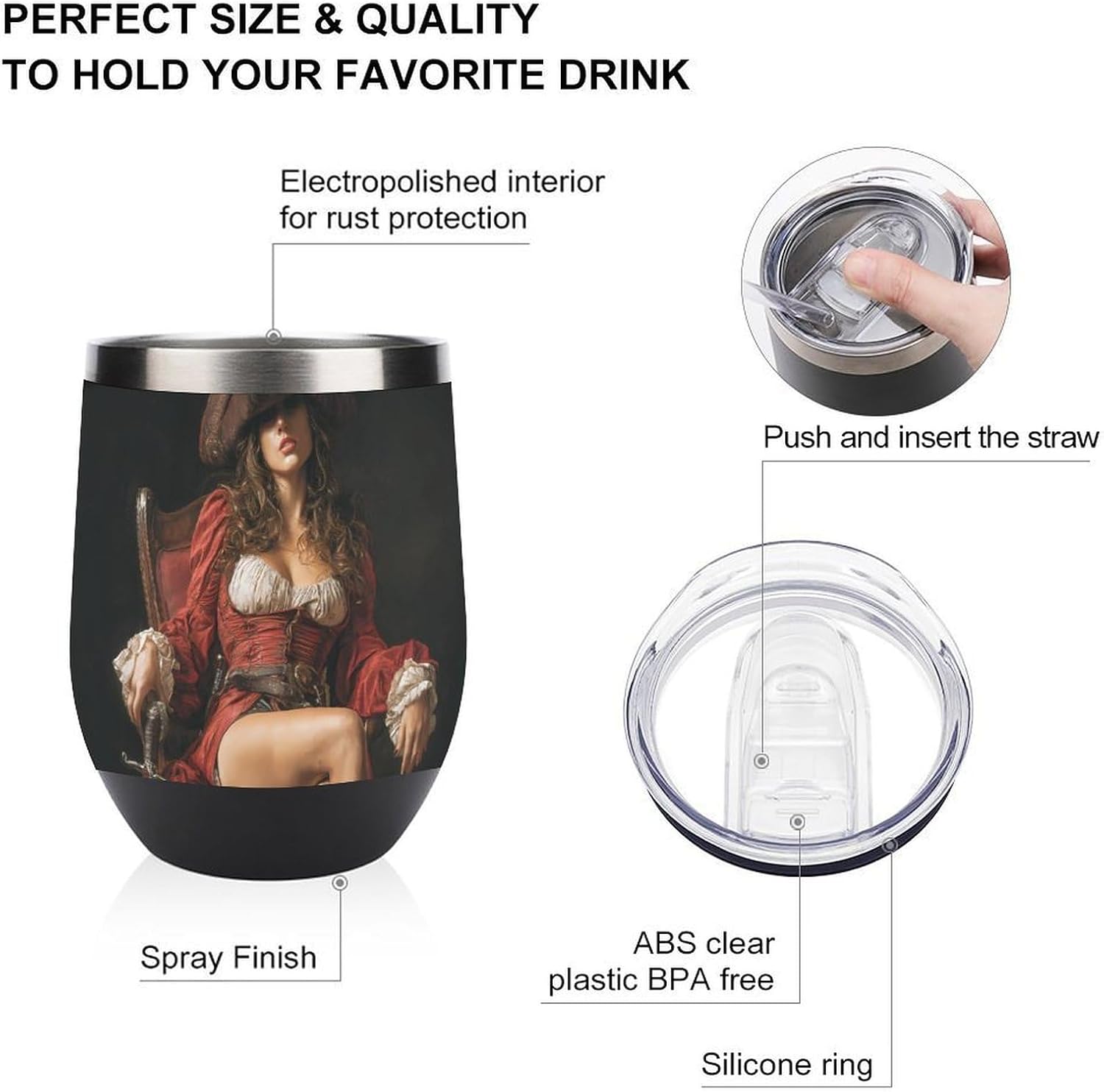 Vintage Female Pirates Steampunk Insulated Drinking Cup Stainless Steel Coffee Mug Wine Tumbler with Lid 12OZ