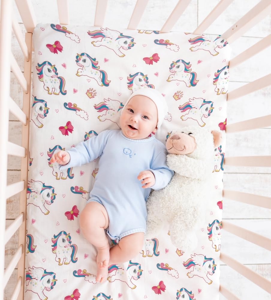 Paquete de 4 sábanas suaves para bebé niña N Play para colchón de cuna, Unicron arco iris, corazón, lindo poliéster neutro, unisex, juego de sábanas bajeras para cuna para bebés y niñas