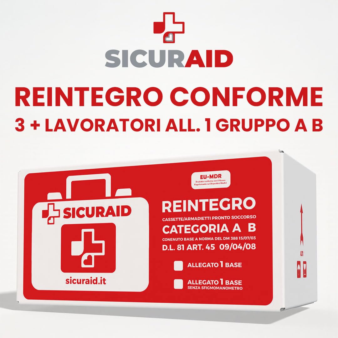 SICURAID Kit Reintegro Cassetta Pronto Soccorso Allegato 1 – Aziende 3+ Dipendenti – Conforme DM 388/2003 – Ricambi Completi Certificati per Kit Medico Aziendale – Senza Sfigmomanometro
