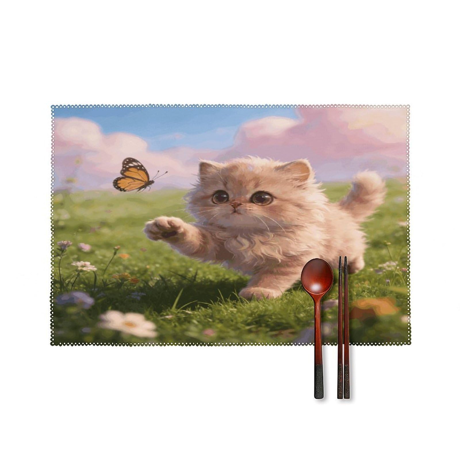 Khauerbc Style Chasing Butterflies Placemats Set Of 6,Decorating The Dining Table，Canvas Washable Table Mats，Wipe Clean Anti Slip Dining Table Place Mats For Party Kitchen Dining Decoration