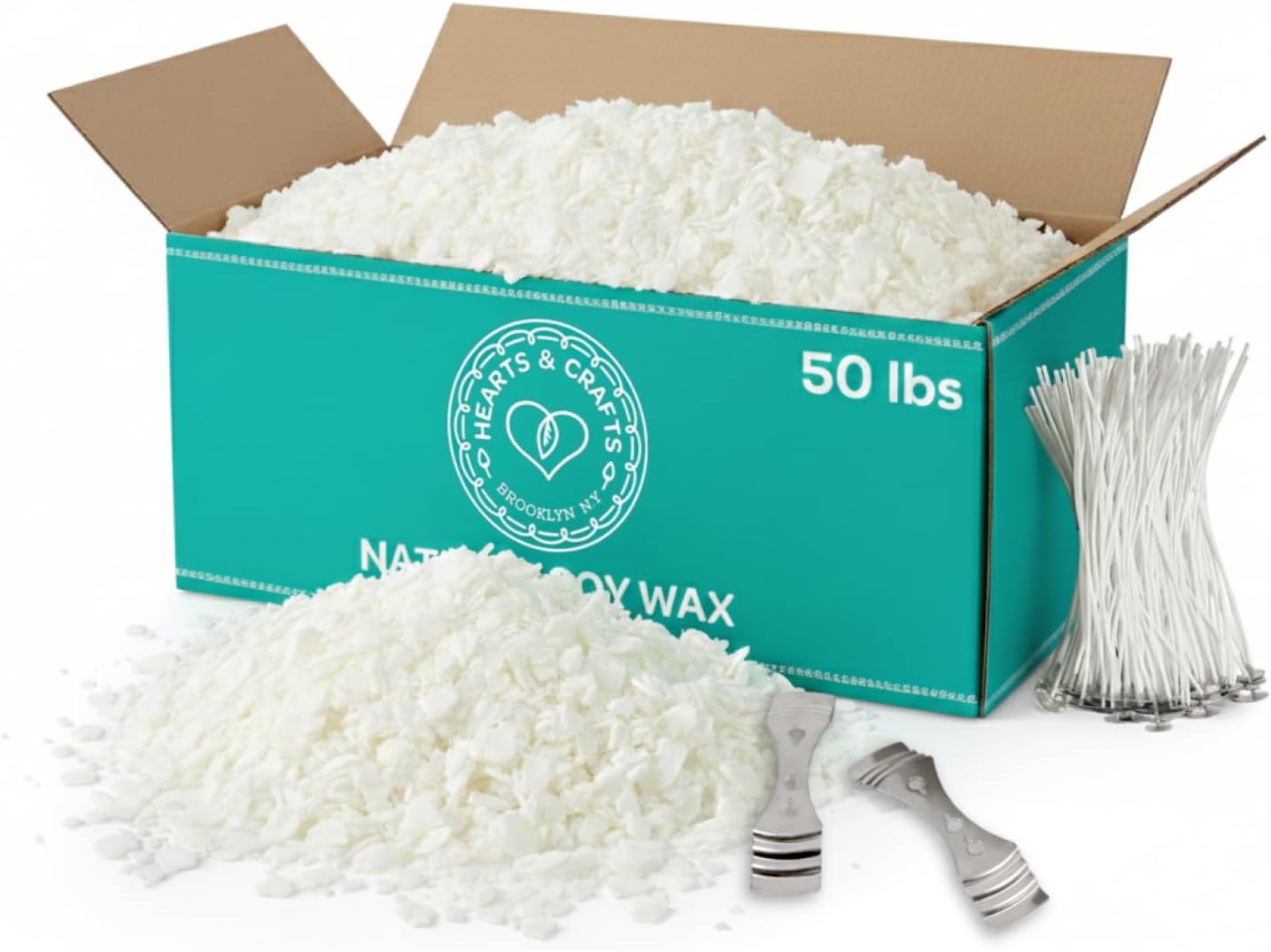 Hearts & Crafts Candle Making Kit - 50 lbs Soy Wax Flakes with 100 Pieces Pre-Waxed 6-Inch Wicks and 2 Metal Centering Devices - Premium DIY Candle Making Supplies