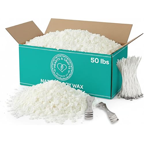 Hearts & Crafts Candle Making Kit - 50 lbs Soy Wax Flakes with 100 Pieces Pre-Waxed 6-Inch Wicks and 2 Metal Centering Devices - Premium DIY Candle Making Supplies