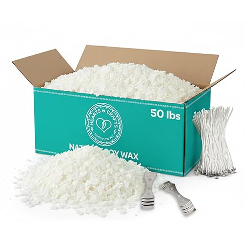 Hearts & Crafts Candle Making Kit - 50 lbs Soy Wax Flakes with 100 Pieces Pre-Waxed 6-Inch Wicks and 2 Metal Centering Devices - Premium DIY Candle Making Supplies - 50 lbs