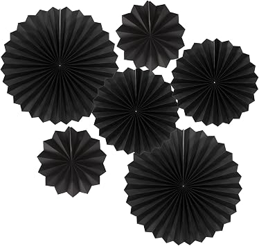 Black Round Party Hanging Paper Fans Decorations Set, Pack of 6