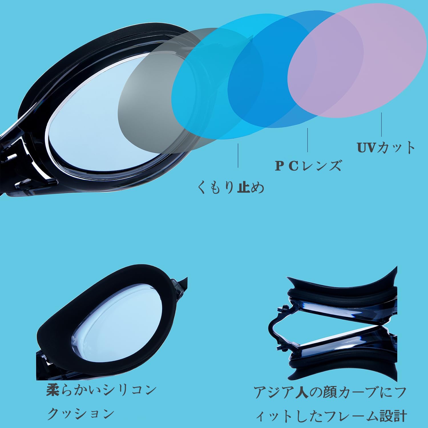 [ＡＸ] 水泳 ゴーグル 大人 スイミングゴーグル 水中メガネ UVカット 曇り防止 ケース付き フリーサイズ - 2
