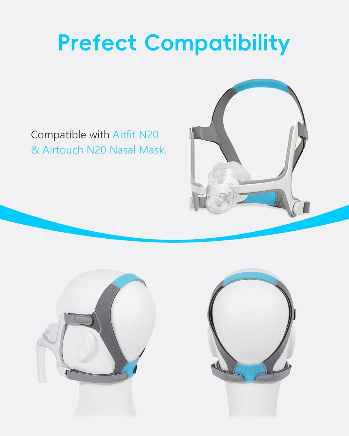 CPAP headgear for ResMed AirFit/Airtouch N20 Adjustable headgear strap with 2 Magnetic Clips - Standard/Medium(1 Pack) - Image 2