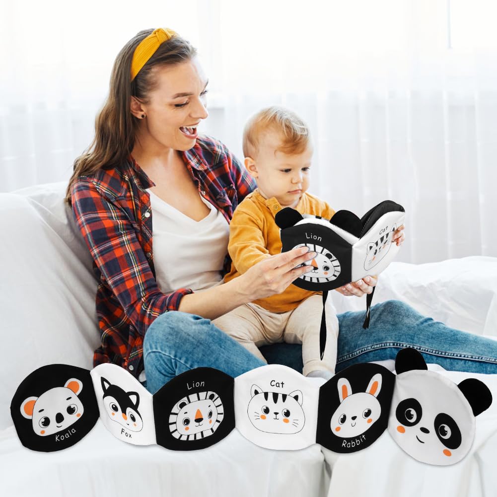 HOTUT Livre Tissu Bébé Eveil, Livre Doux Froissé, 3D Livre Noir et Blanc Bébé Montessori, livre sensoriel en tissu pour Bébé 6-12 Mois, Cadeau de Naissance pour Tout-Petit Garçon Fille, Double Face