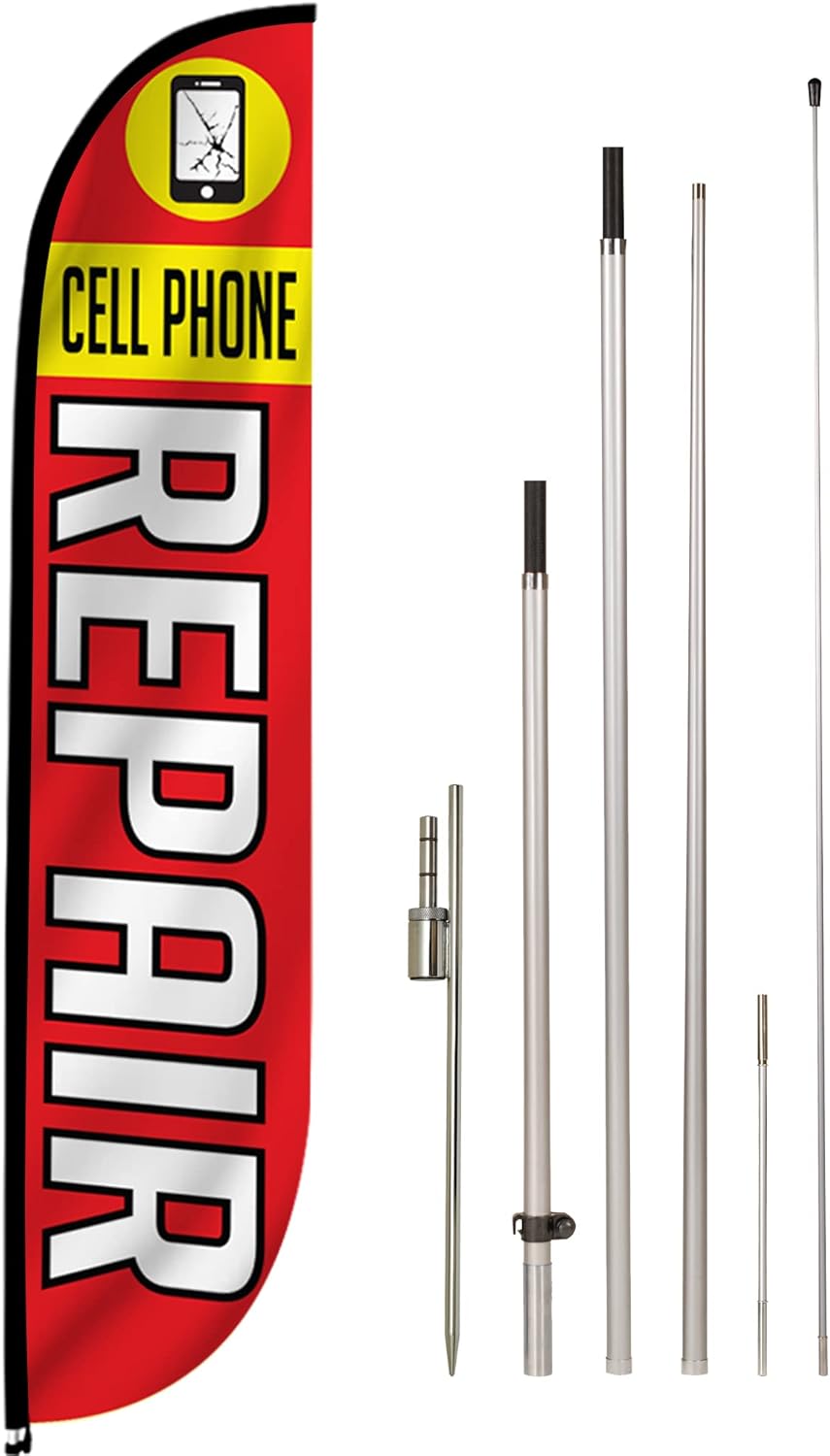 LookOurWay Cellular Themed 12-Feet Tall Feather Flag Complete Set with Poles & Ground Spike
