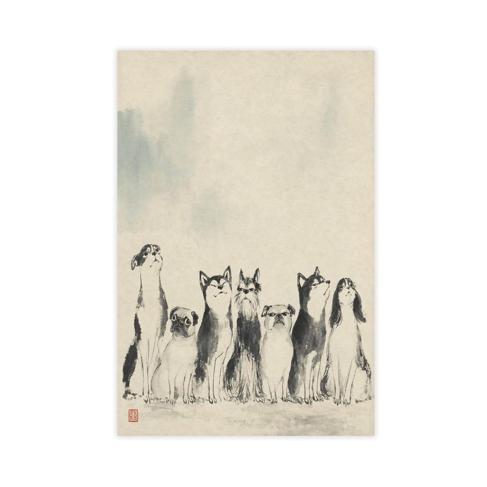 H3b8u2y5 Unframe-Style-5 White Dog Group Canvas Wall Art, Gongbi Painting Sofa Area