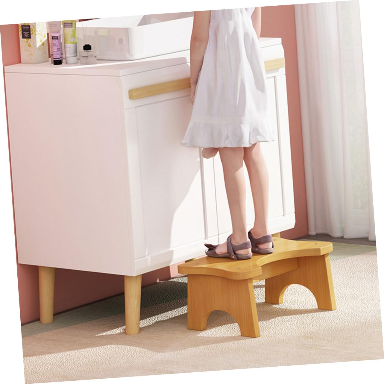 Amosfun Taburete De Baño De Madera Natural para Inodoro, Tamaño Compacto, Reposapiés Estable, Carga Resistente, Uso Doméstico, Diseño Simple, para Niños y Adultos, Adecuado para Lavabo y Aseo