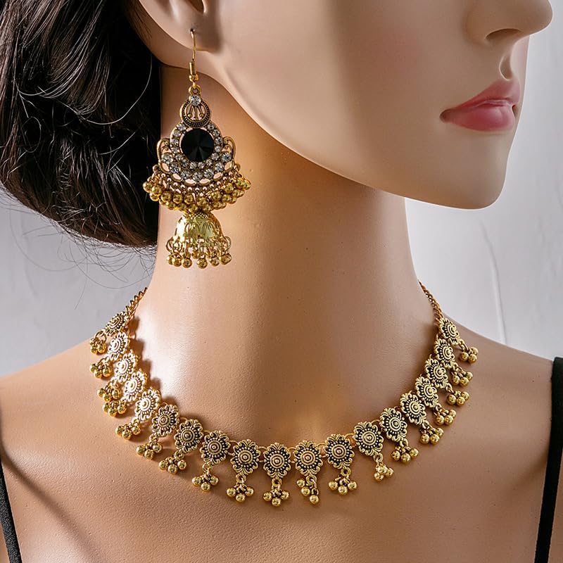 Indian Jewelry Sets for Women Bollywood Traditional Exaggerated Short Choker Necklace Antique Gold Vintage Boho Oxidized Ethnic Crystal Bell Tassel Dangle Earrings Jhumka Jhumk Collar Statement Wedding Bridal Costume Gifts - Image 5