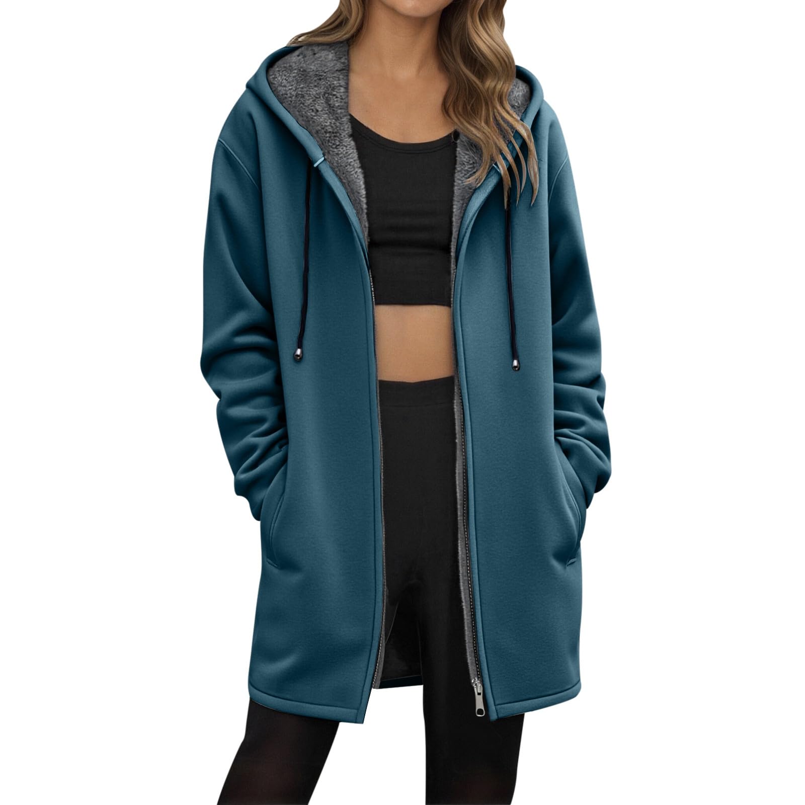 Chaqueta Mujer Invierno Abrigos De Cazadora Forro Polar，Chaqueta térmica entretiempo para dama corte mediano con cierre frontal forro polar estilo liso ideal oficina paseo diario
